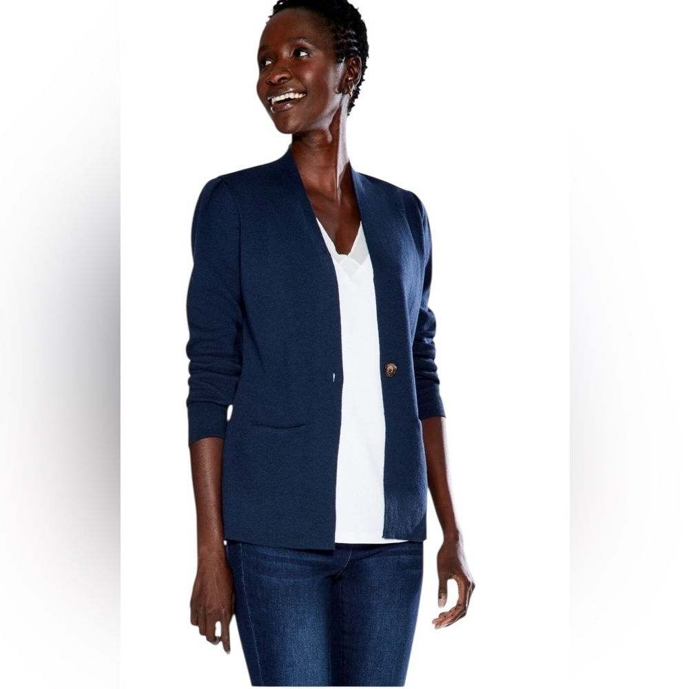NIC+ZOE Blue Cardigan Sweater V-Neck Fitted FEMME SLEEVE JACKET size Small